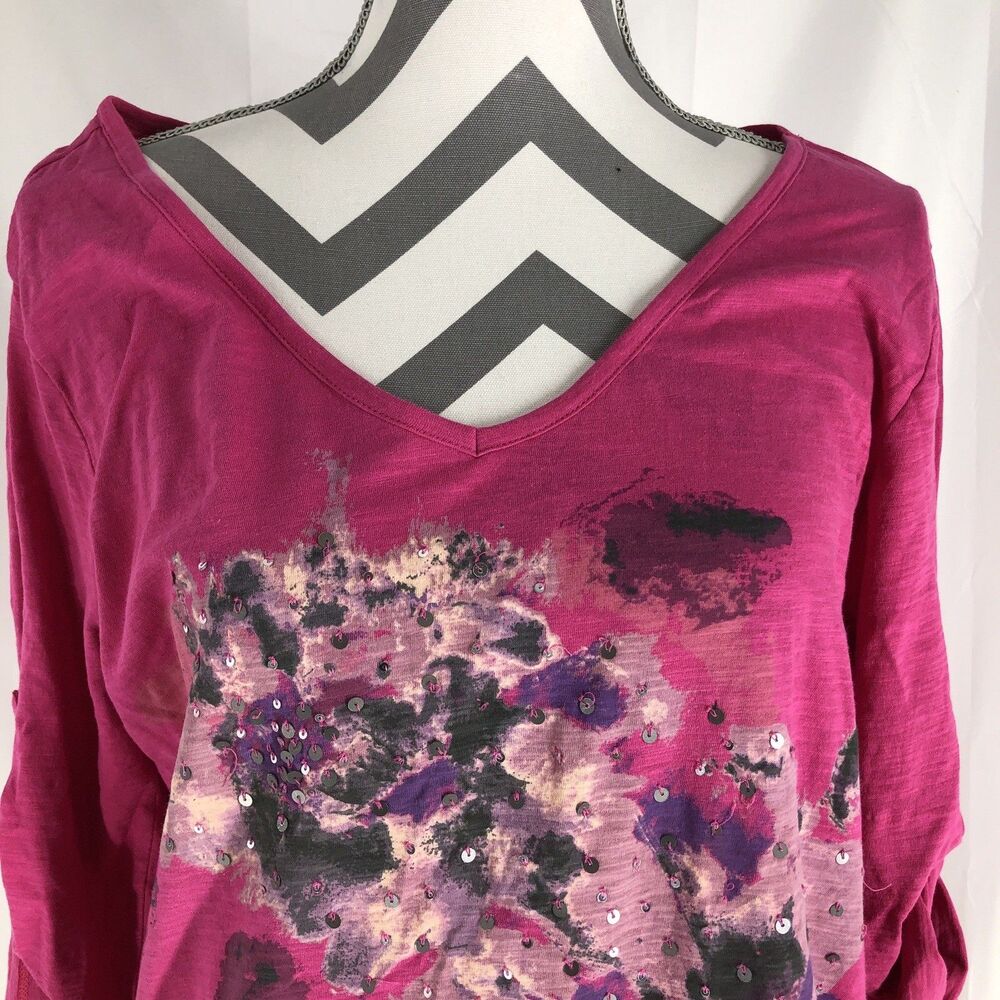 DKNY Floral T-Shirt Sz L Roll Tab Sleeve Cinched Sides Pink - Picture 2 of 6